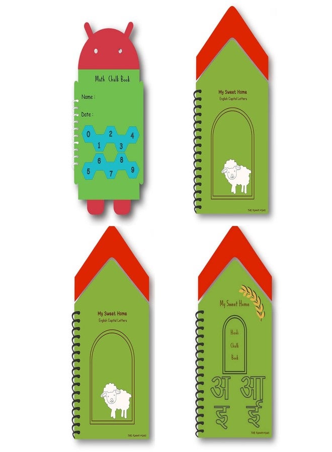 The Funny Mind Wooden Reusable Chalk Book for Preschool, Early Learners, and Montessori Kids Tracing Slate, Writing Practice Book for Beginners-Pack of 4-Hindi,English Capital & Small Letters,and Math - Image 1